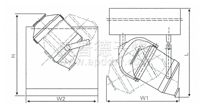 三維運(yùn)動(dòng)混合機(jī)結(jié)構(gòu)示意圖